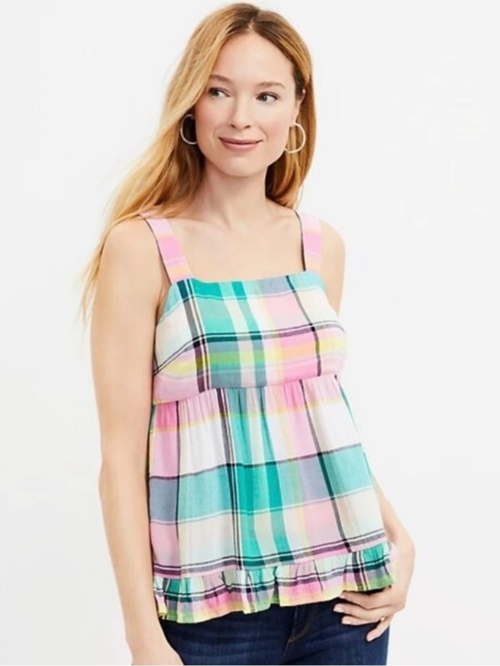 LOFT Pastel Pink & Teal Plaid Peplum Cami - Picture 1 of 4